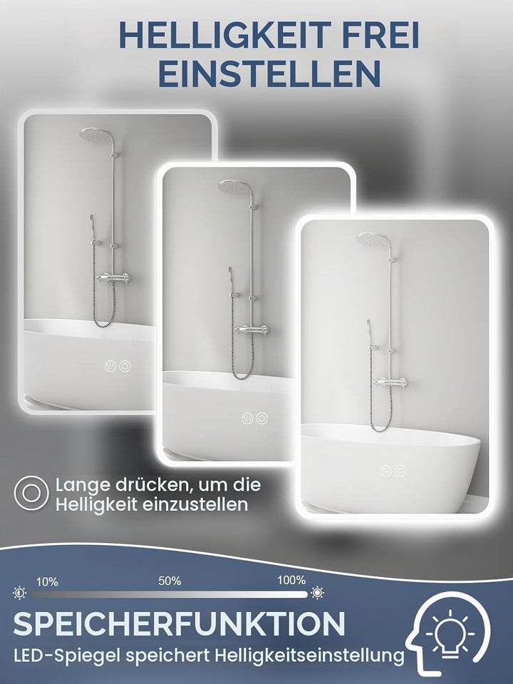 Badspiegel mit Beleuchtung, 50x70cm LED Badezimmerspiegel mit Touchschalter, Dimmbar Lichtfarbe 3 Fa