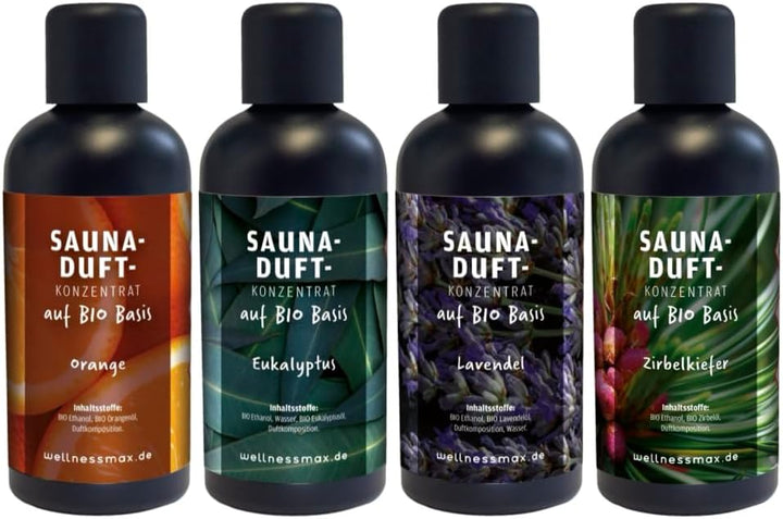 Wellnessmax Bio Saunaaufguss 4er Set Sauna Zubehör 4x100ml Sauna Aufguss. Mit unserem Wellnessmax 4e