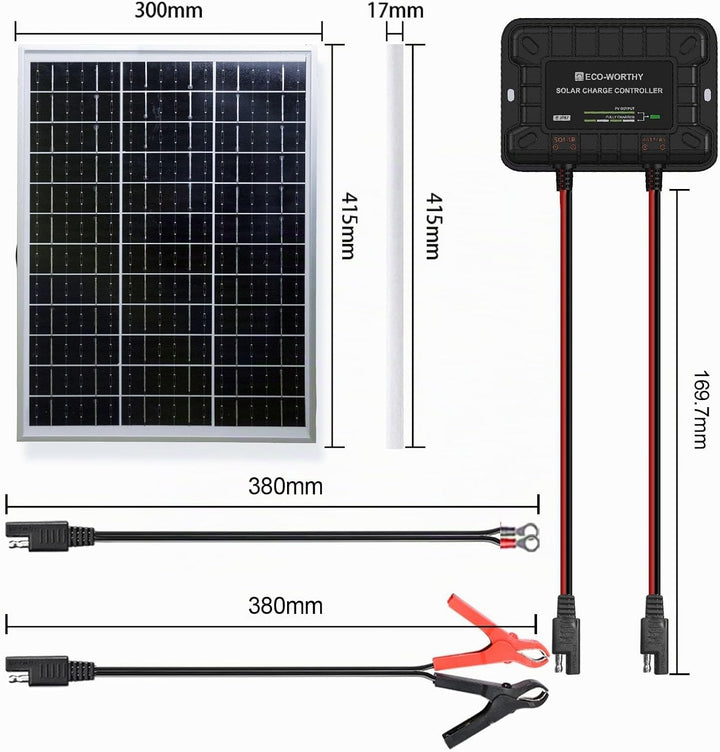 ECO-WORTHY 25W 12V Solar Batterieladegerät, 25W wasserdichtes Solarpanel Kit + verstellbare Halterun