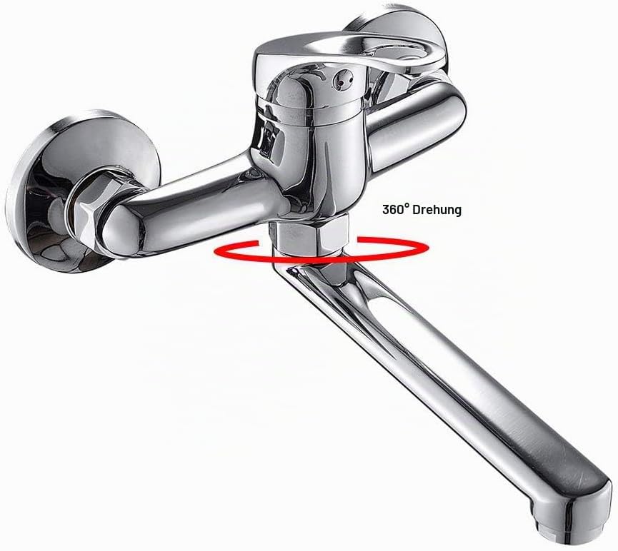 Küchenarmatur, Wandmontage mit 360° Drehung, Auslauf für Waschbecken, Abstand Waschbecken 15 cm (Sil