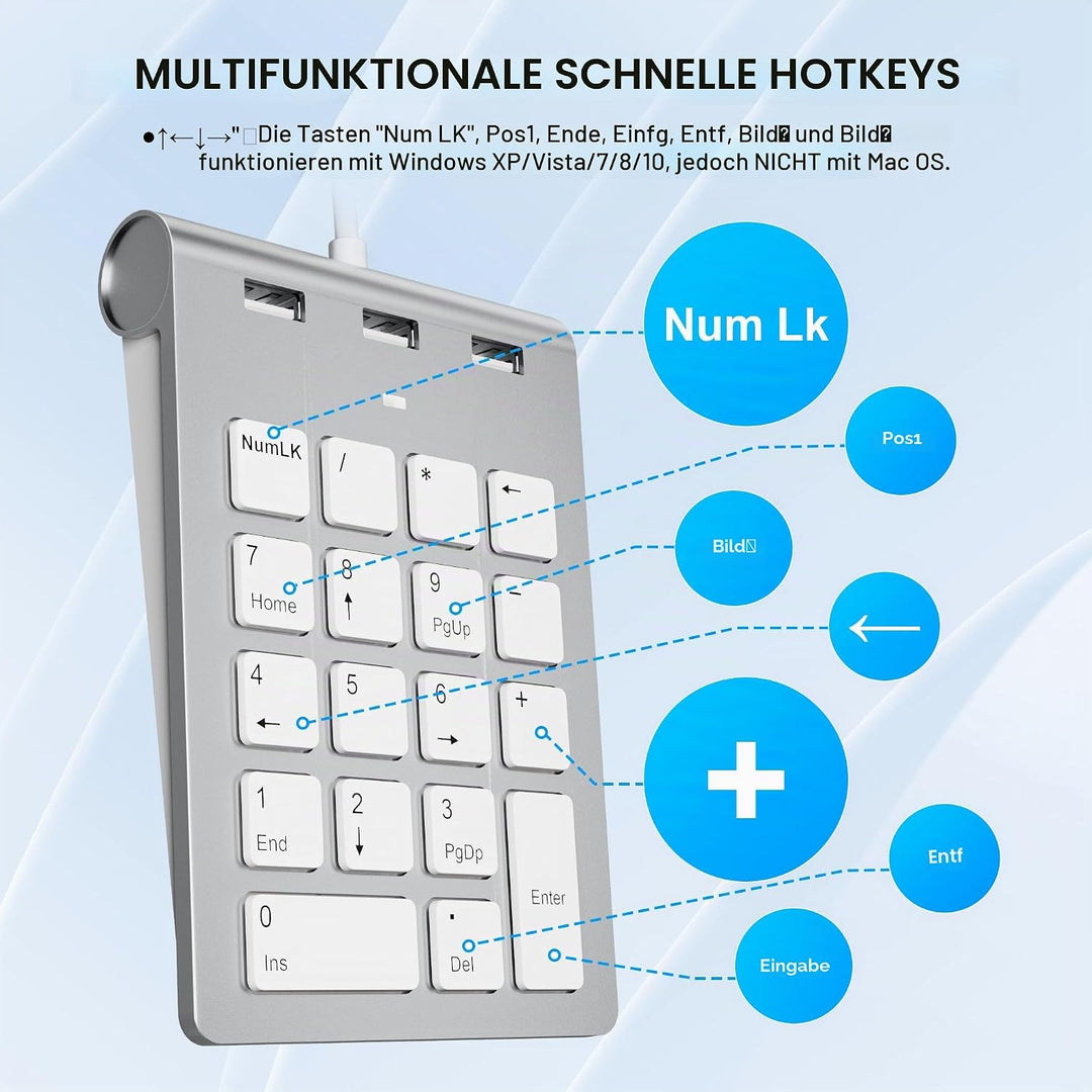 Numeric Keypad Wired Numpad, USB A/USB C Ziffernblock Ergonomischer Mini Nummernblock mit 3 USB 2.0