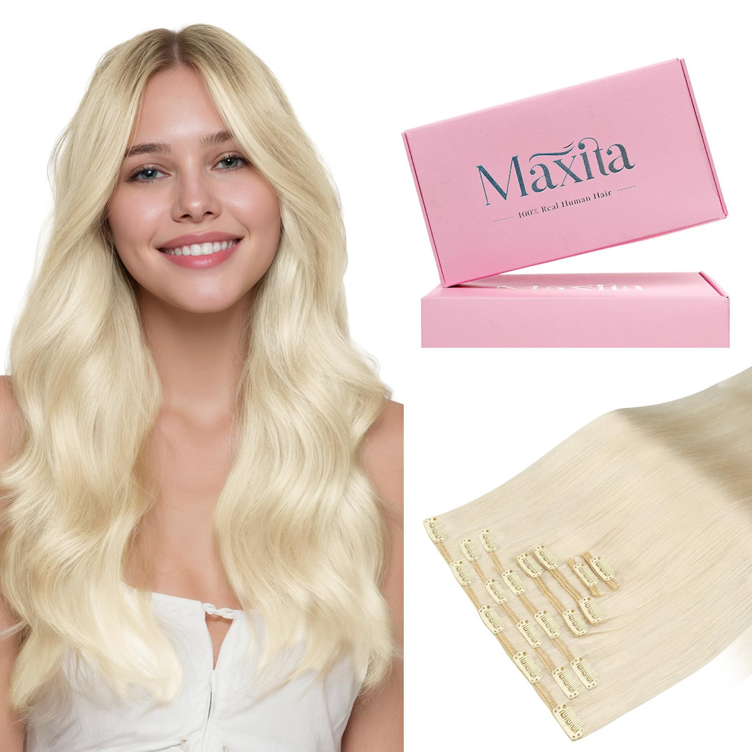 MAXITA Echthaar Extensions Clip, 40cm 16 Zoll 120g 7 Stück Platinblond Clip in Extensions Echthaar N