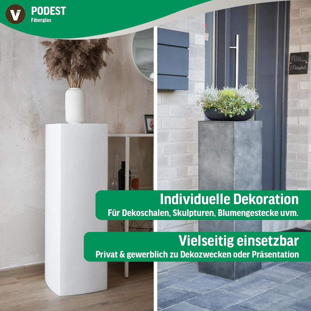 Vivanno Podest Deko-Säule Stele Blumenständer Fiberglas Silber Hochglanz 30x30x100 30x30x100 cm Silb