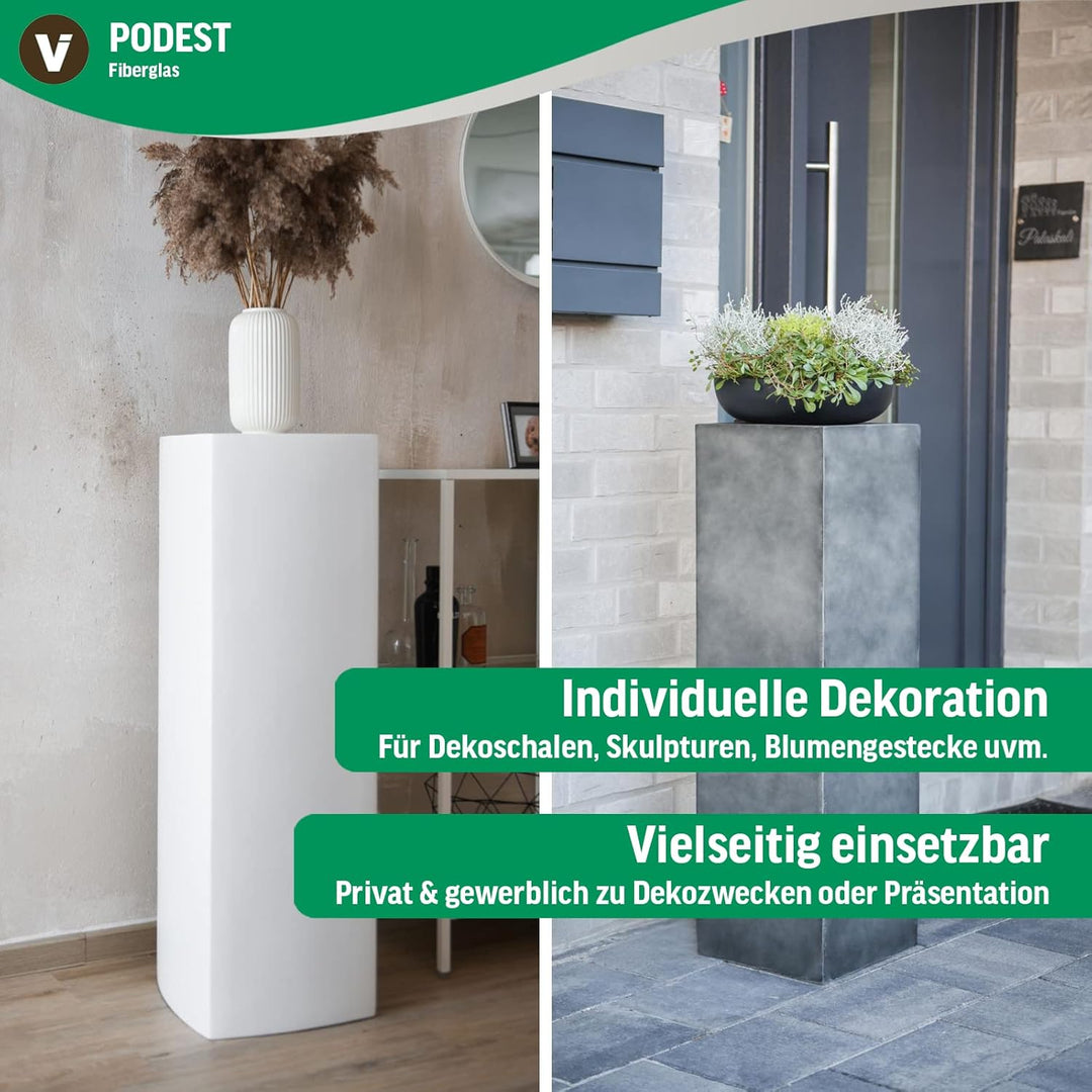 VIVANNO Podest Dekosäule Blumenständer Fiberglas Weiss Hochglanz 30x30x100 cm für Pflanzen und Deko