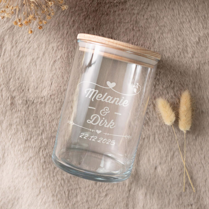 GRAVURZEILE Vorratsglas mit graviertem Holzdeckel - Wedding Design - Personalisiert mit Name & Datum