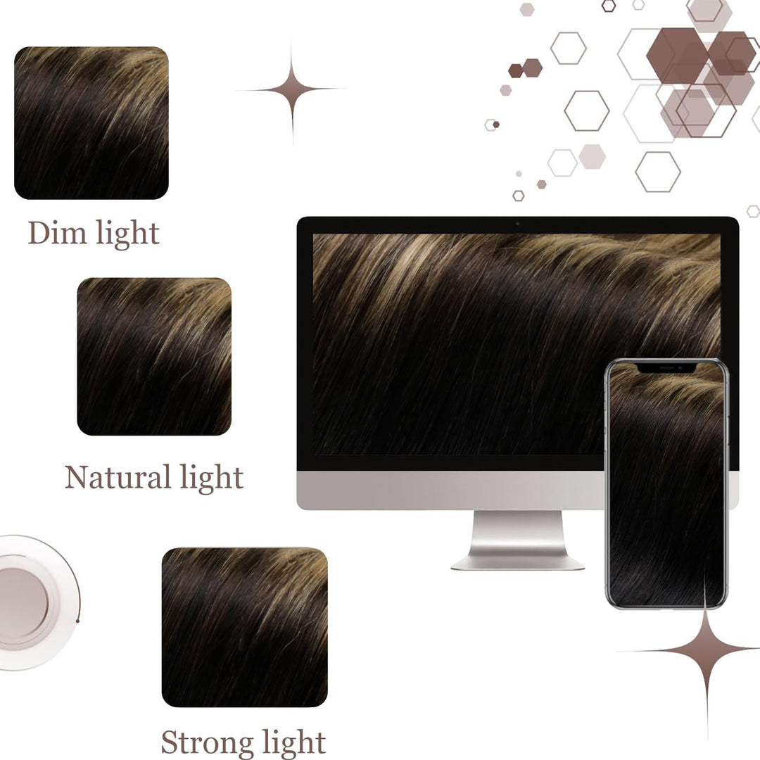 Hetto Clip in Extensions Echthaar Balayage Schwarz zu Hellbraun &amp; Goldblond 45cm 120g 7pcs - Invisib