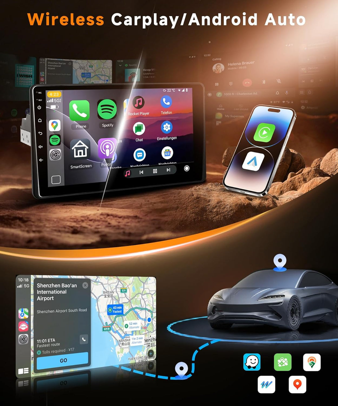 8 Kern 4G+64G Android 15 Autoradio 1 Din mit Drahtlos Carplay Android Auto, 9-Zoll-Rotations-HD-Touc