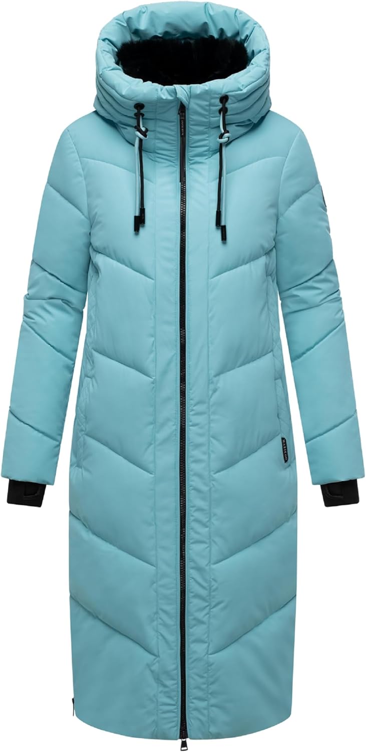 MARIKOO Damen Wintermantel warmer Steppmantel lang mit verstellbarer Kapuze und hohem Kragen Nadaree