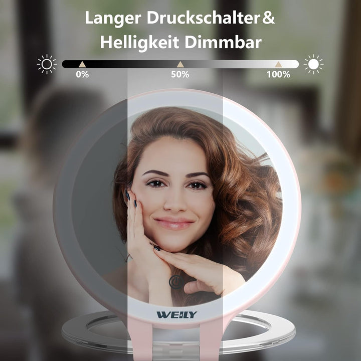WEILY Schminkspiegel mit Beleuchtung, 10X/1X Vergrösserung Doppelseitiger Kosmetikspiegel mit 3 Farb
