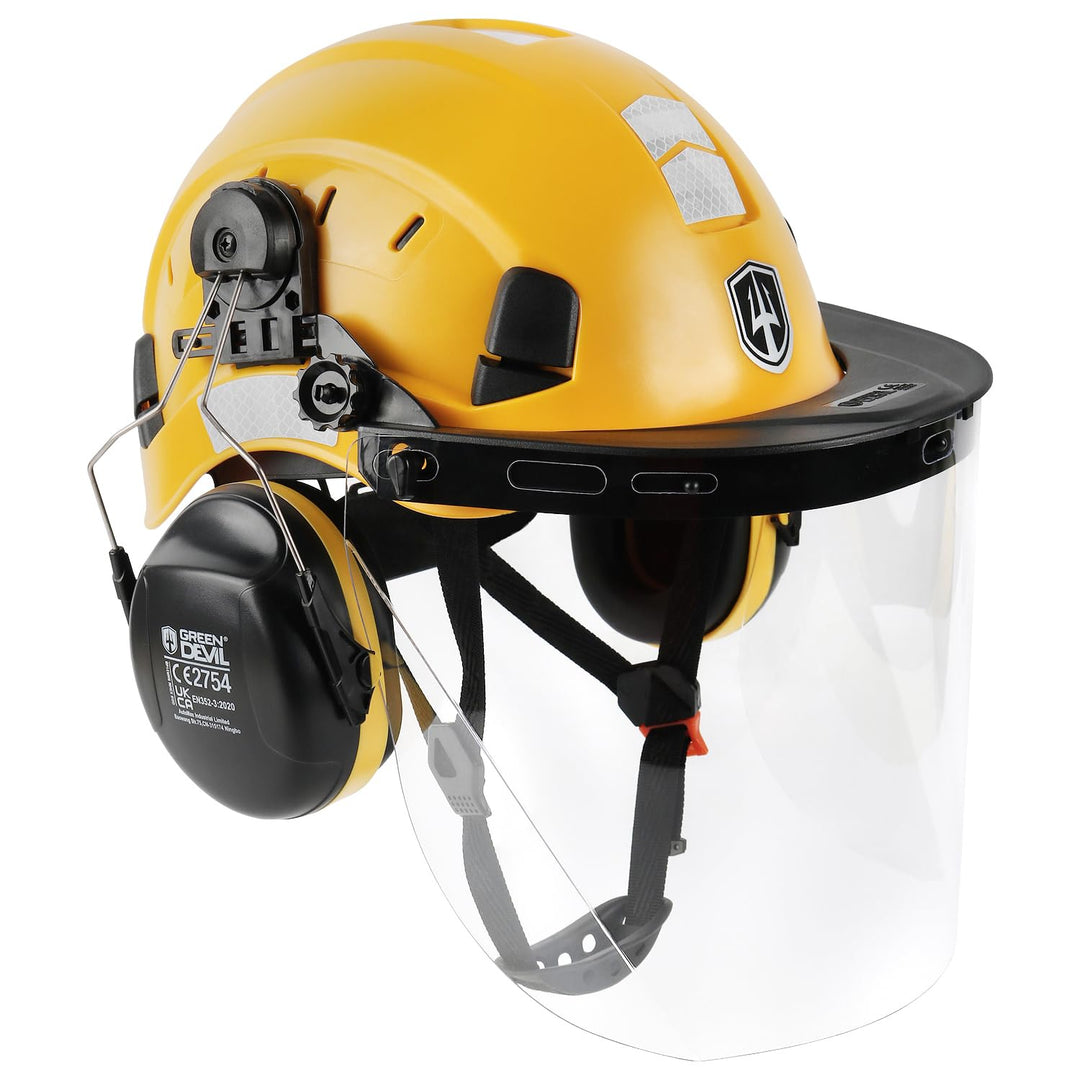 GREEN DEVIL Kettensägen-Schutzhelm Forstschutzhelm Sicherheitshelm mit Gehörschutz Ohrenschützer und