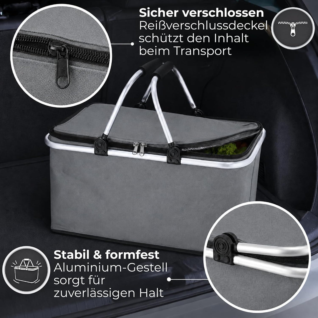 Novaliv 12x Einkaufskorb faltbar mit Kühlfunktion 30 Liter GRAU Isolierkorb mit gepolsterten Tragegr