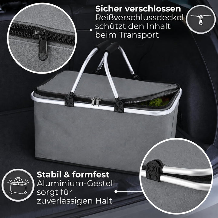 Novaliv 12x Einkaufskorb faltbar mit Kühlfunktion 30 Liter GRAU Isolierkorb mit gepolsterten Tragegr