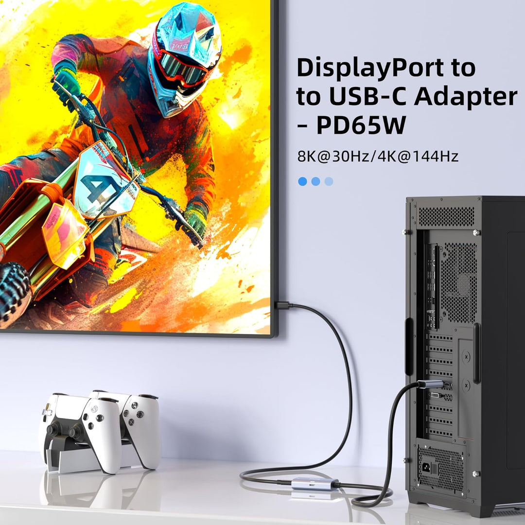 8K@30Hz / 4K@144Hz DisplayPort-auf-USB-C-Adapter mit PD 65W-Ladefunktion, Graphit-Kabel, DisplayPort