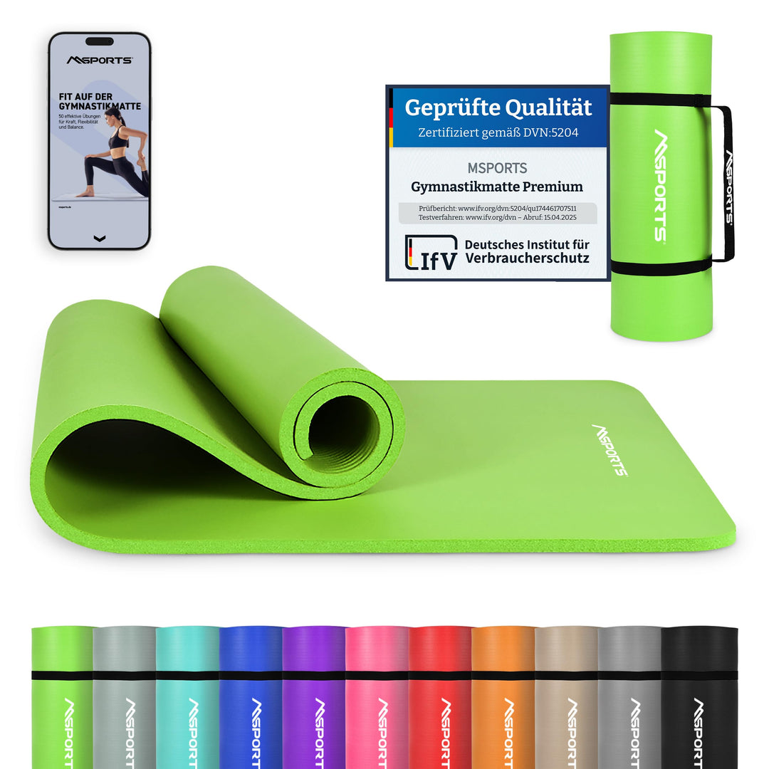 MSPORTS Gymnastikmatte Premium inkl. Tragegurt + Übungsposter + Workout App I Hautfreundliche Fitnes