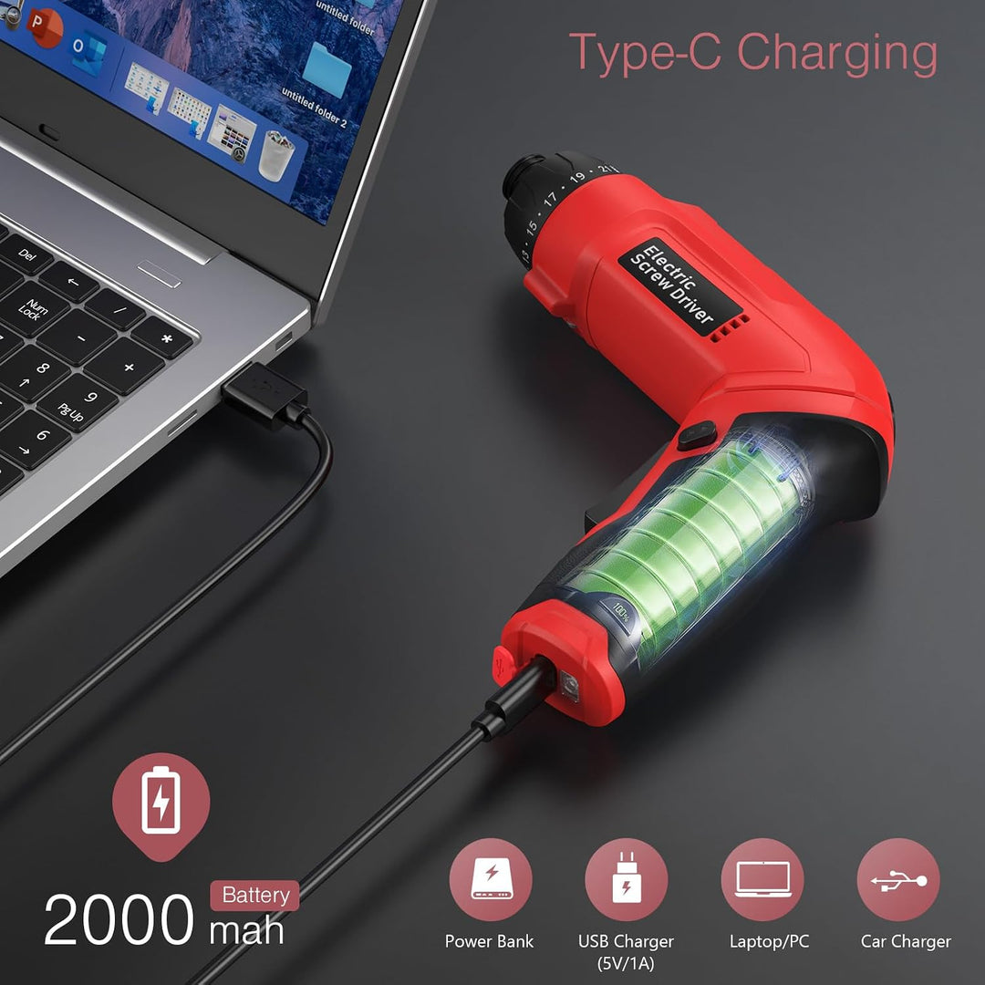 LOFICOPER Akkuschrauber, 0,3 Nm-7,1 Nm, Akkuschrauber, 2,0 Ah, 3,6 V, mit 12 Bits, LED-Lampe, Typ C,