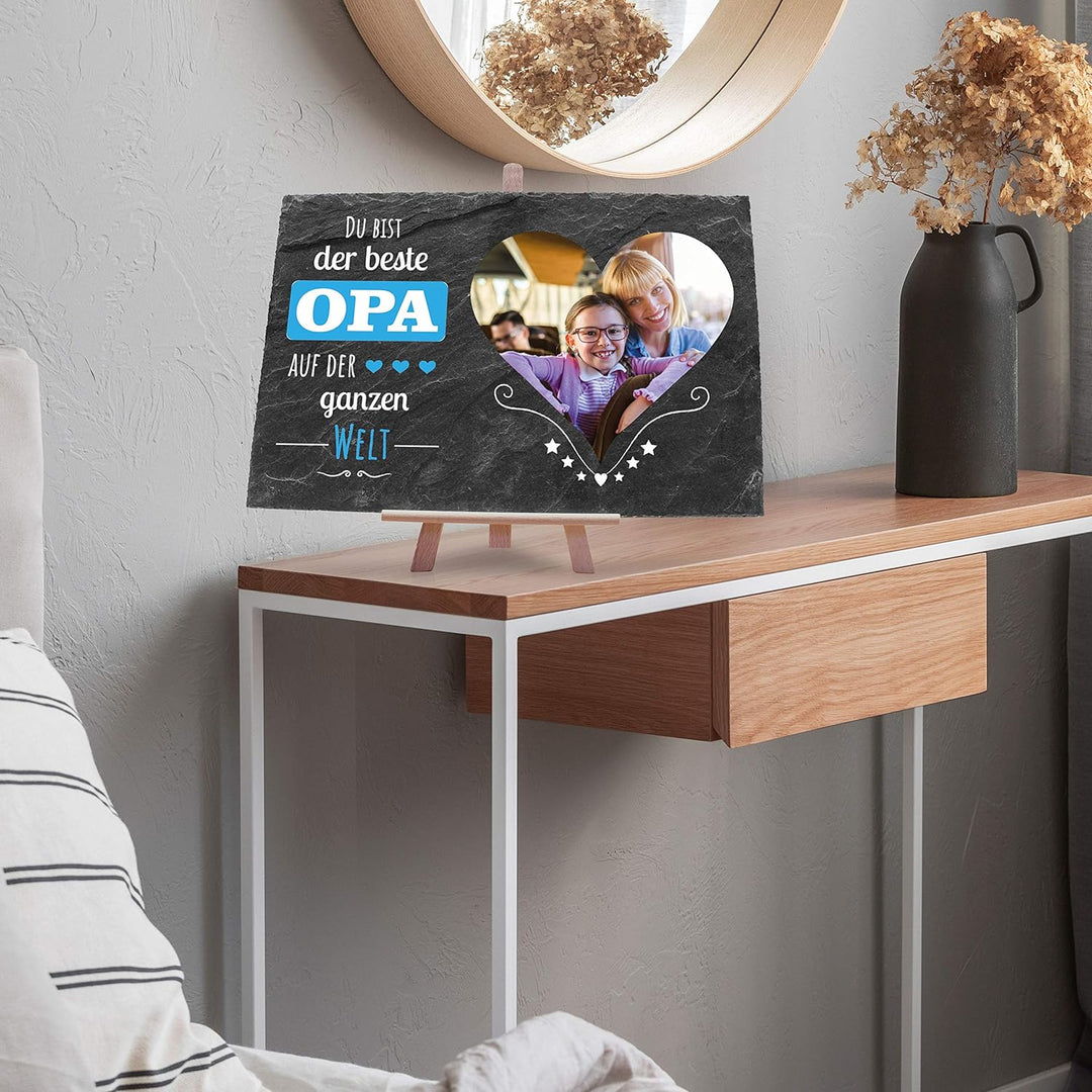 wandmotiv24 Schiefertafel Bester Opa mit Holz-Staffelei, Personalisiert mit Farb-Foto im Herz, Digit