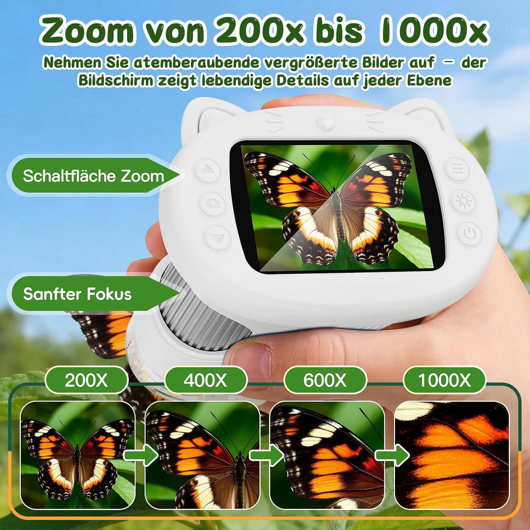 Tragbares Mikroskop für Kinder, 1000x Digitales Handmikroskop Kinder mit 2,4 Zoll IPS Bildschirm, Fo