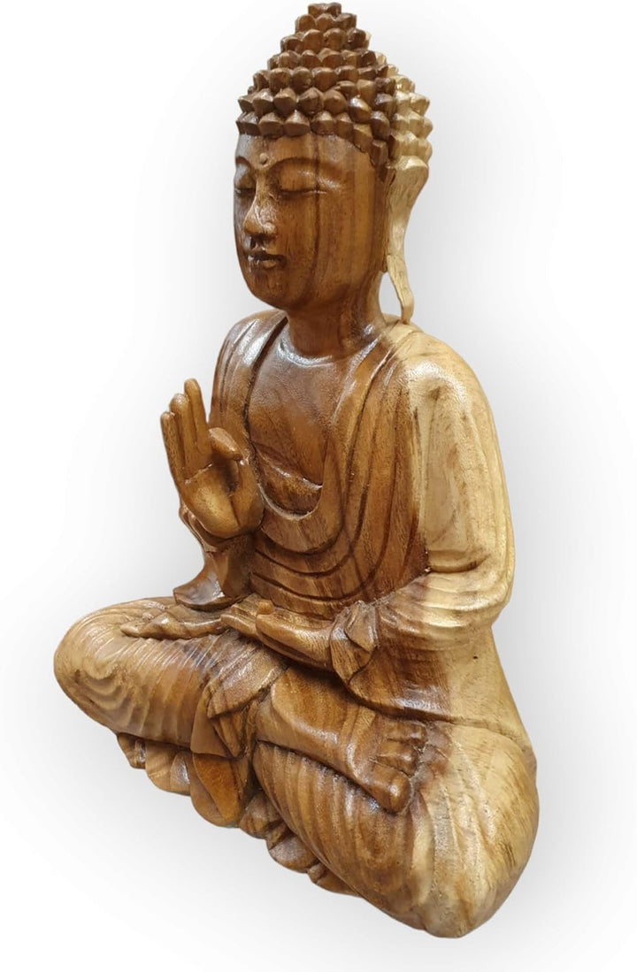 Kinaree Massivholz Buddha - Akazie Holz geschnitzter Buddha - 34cm Suar Skulptur, sitzender Buddha
