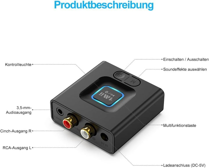 1Mii ML201 Bluetooth 5.1 Empfänger für Stereoanlage mit Cinch und 3,5mm AUX | Bass-Boost, 12 Std. Ak