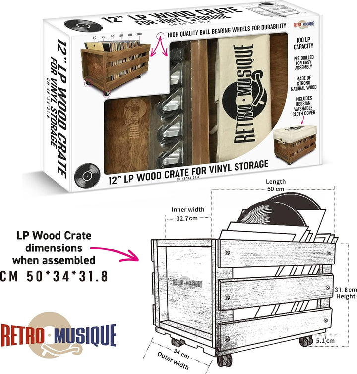 Retro Musique Aufbewahrungsbox aus Holz für bis zu 100 Alben (in PVC-Hüllen) mit Sackleinen-Stoffbez