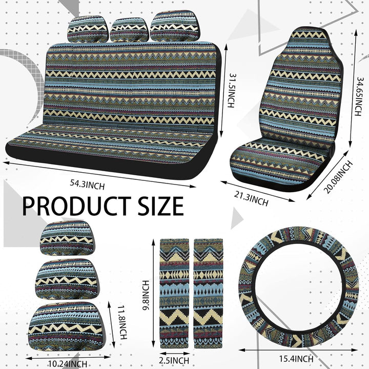 Frienda Baja Autositzbezüge, komplettes Set, Mehrfarbig, gestreift, Boho-Druck, Lenkradbezug, Sicher