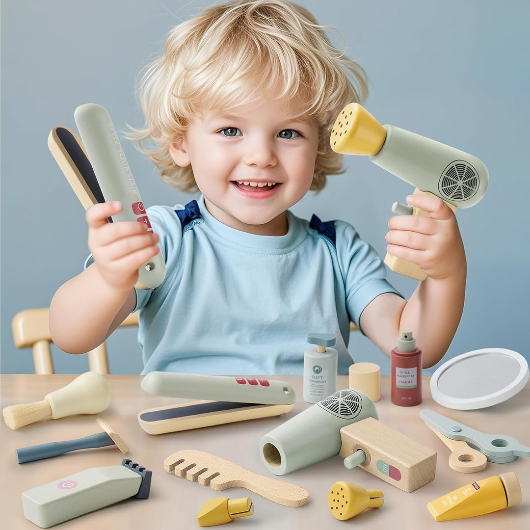 Holz Friseur Set Kinder mit Haartrockner Glätteisen Kamm Haarstyling Rasierzubehör Salon Friseur Zub