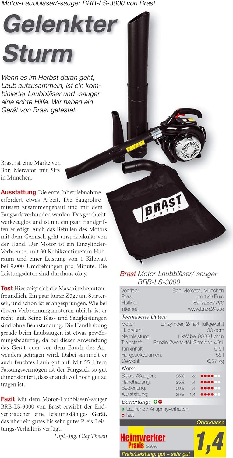 BRAST® Laubsauger Laubbläser Benzin 1,0kW(1,36PS) | 55L Fangsack | inkl. 2 Blasrohre, Schultergurt &