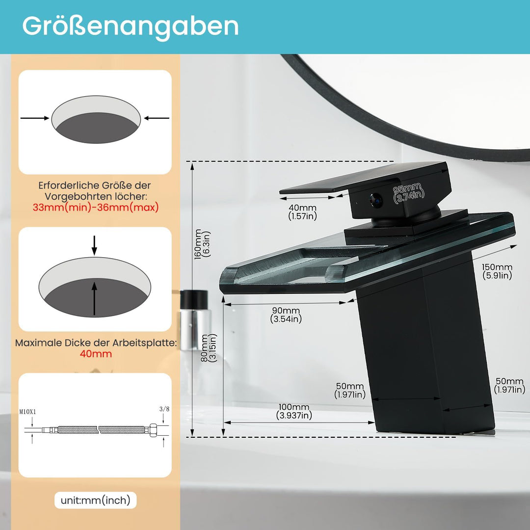Wasserhahn Bad,Wasserfall Armatur Badezimmer Glas,Schwarz Schwarz Xs, Schwarz Xs