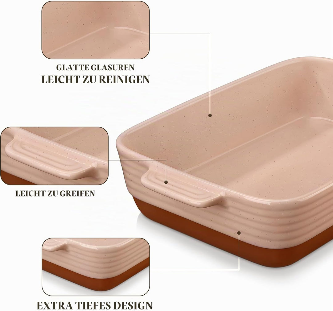 MALACASA, Serie TARA, Rosa Auflaufform Gross, 4.5L Backformen, Auflaufformen rechteckig aus Steingut