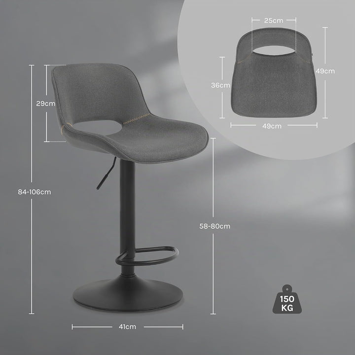 WOLTU Barhocker 2er Set, höhenverstellbar, mit Rückenlehne, Leinen, Grau | Barstuhl mit Fussstütze,