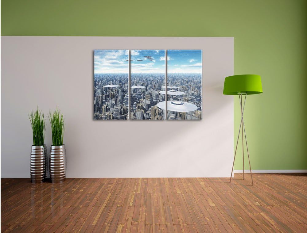 Pixxprint UFO´s über der Stadt als Leinwandbild/Grösse: 3 Teilig (120x80 cm) cm/Wandbild/Kunstdruck/