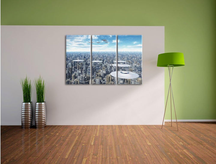 Pixxprint UFO´s über der Stadt als Leinwandbild/Grösse: 3 Teilig (120x80 cm) cm/Wandbild/Kunstdruck/