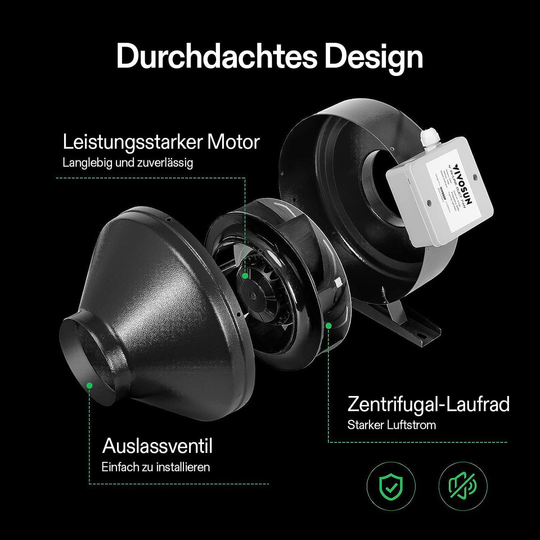 VIVOSUN Rohrventilator 100mm Abluftventilator 345m³h Rohrlüfter mit Variabler Drehzahlregler für Gro