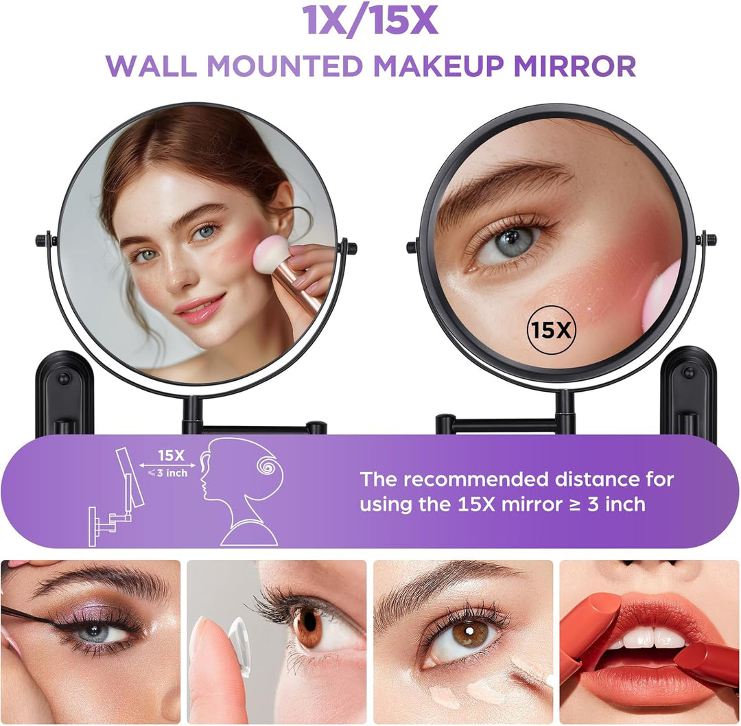 VORREMIRR Wandmontierter Make-up-Spiegel - 1X / 15X Vergrössernder Make-up-Spiegel mit erweitertem A