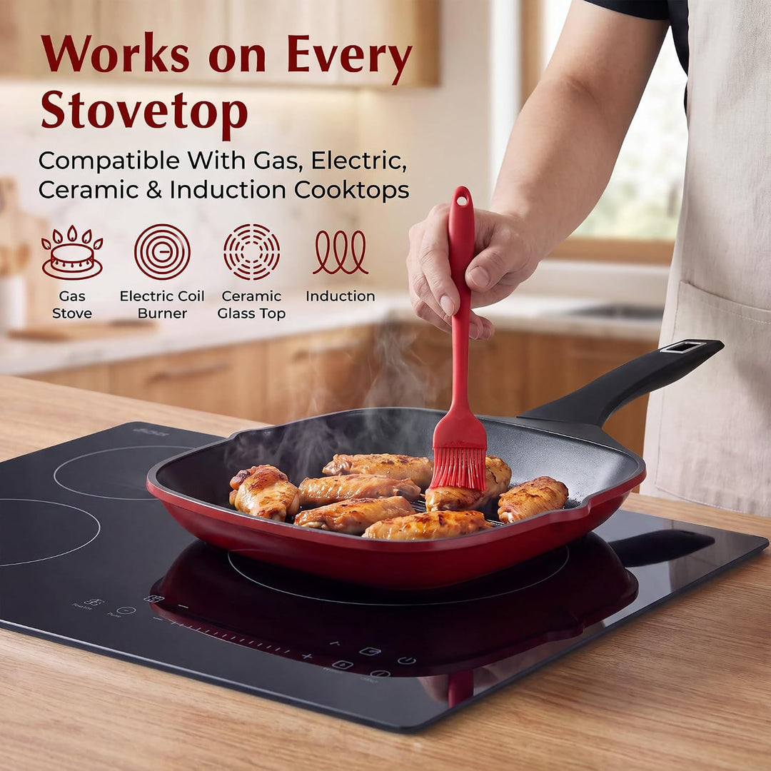 Grillpfanne 28 x 28 cm mit Ausguss, Steakpfanne quadratisch gerillt Antihaftbeschichtetes Aluminium,