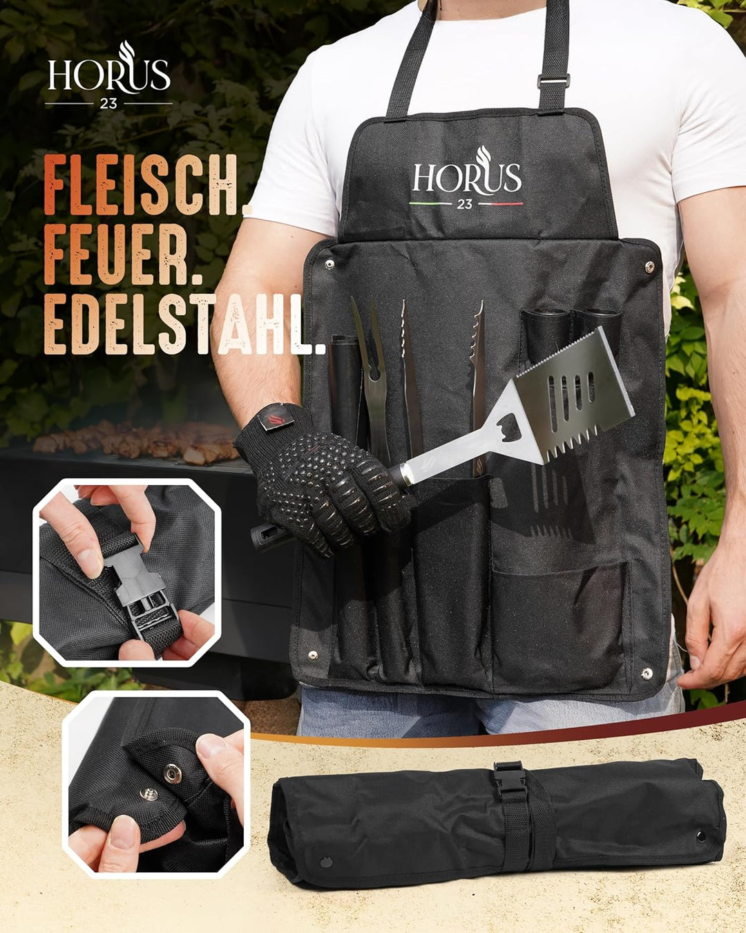 Grill Set mit Grill Zubehör aus Edelstahl, Oxford-Schürze, Hitzeschutzhandschuh und Grillmatte - Ges