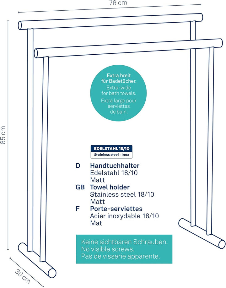Kela 22691 Handtuchhalter, 2 Stangen, 18/10 Rostfreier Edelstahl, 76 cm Länge, Priamo, Satiniert 76
