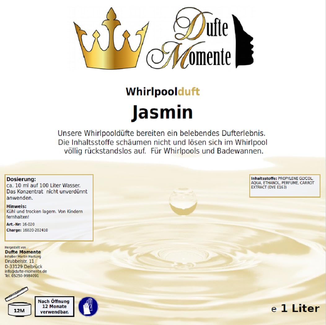 Dufte Momente | Whirlpool Duft 1 Liter | Jasmin | mit naturreinen und natürlichen ätherischen Ölen |
