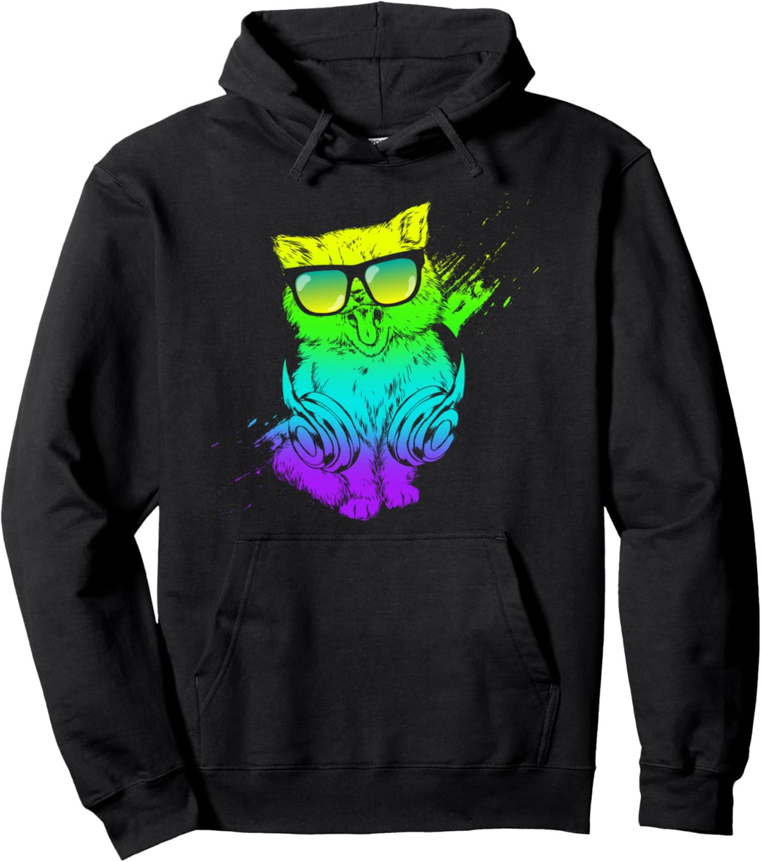 Buntes Kätzchen DJ Techno Katzenmusik edm Party Pullover Hoodie