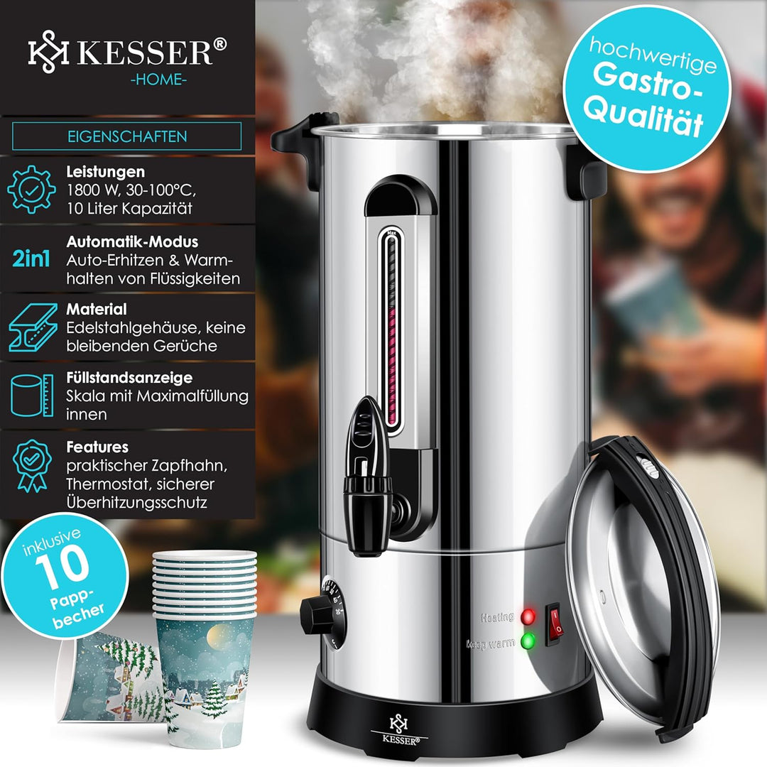 KESSER® Glühweinkessel 10L Edelstahl Inkl. 10x Becher Glühweinkocher mit Thermostat Glühweinautomat