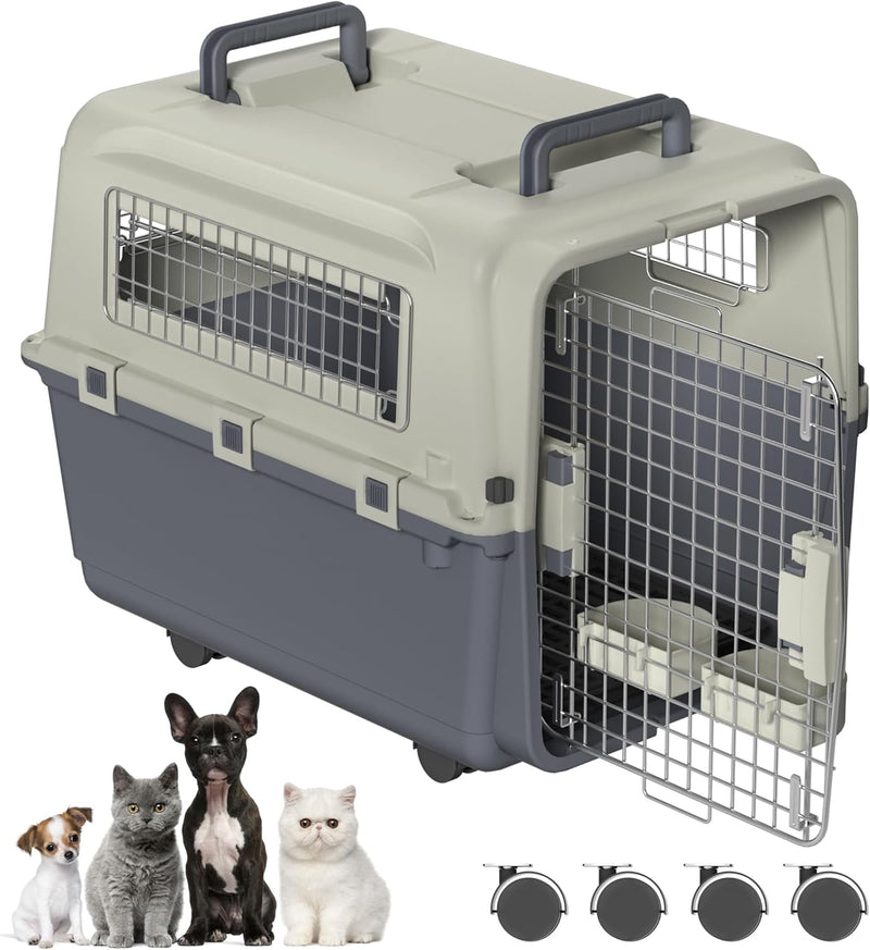 SUBTLETY Transportbox für Hunde & Katzen 67x51x58cm Kunststoff Flugzeugbox mit Handgriff, Futternapf