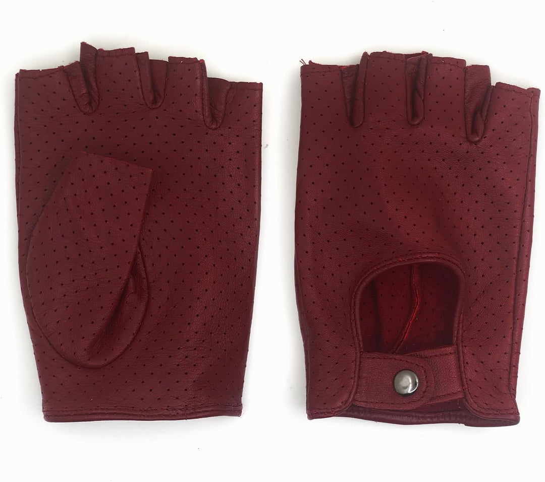 ZLUXURQ Damen-Lederhandschuhe Vollmaschige Fingerlose Halbfinger-Fahrhandschuhe X-Large-8" Rot, X-La