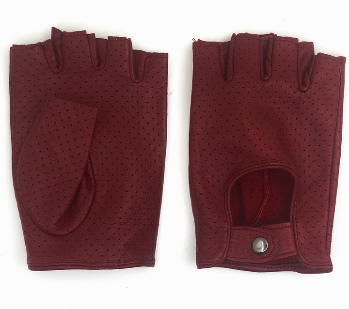 ZLUXURQ Damen-Lederhandschuhe Vollmaschige Fingerlose Halbfinger-Fahrhandschuhe X-Large-8" Rot, X-La