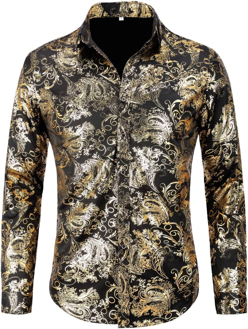 Allthemen Herren Jacquard Hemd Langarm Satin Freizeithemd Paisley Herrenhemd für Party Hochzeit XXL