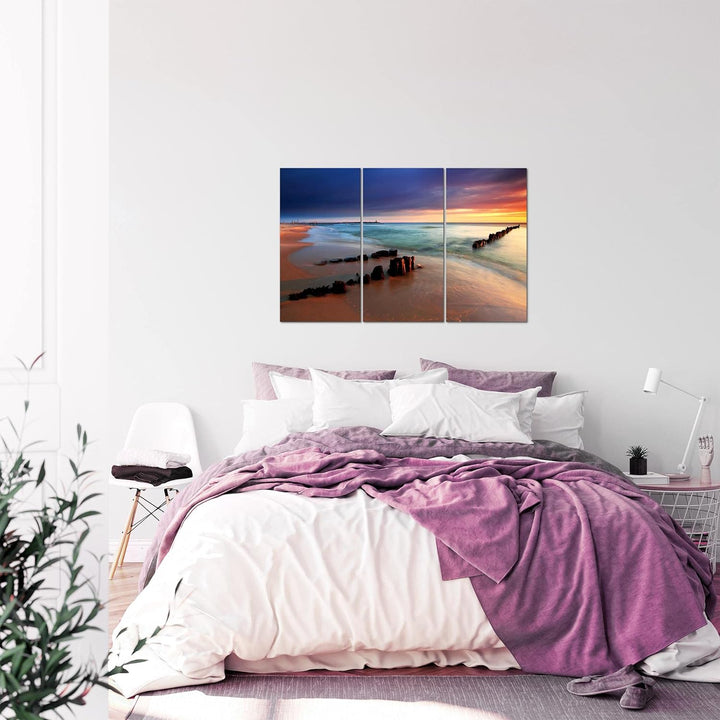 Runa Art Wandbilder Strand Meer Bild XXL Schlafzimmer Wohnzimmer Blau Rosa Welle 120 x 80 cm 3 Teili