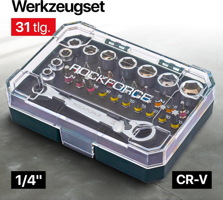 Rockforce 31-tlg 1/4'' Steckschlüsselsatz – Ratsche, 6-Kant Nüsse, Bit- & Schraubendreher-Set aus Cr