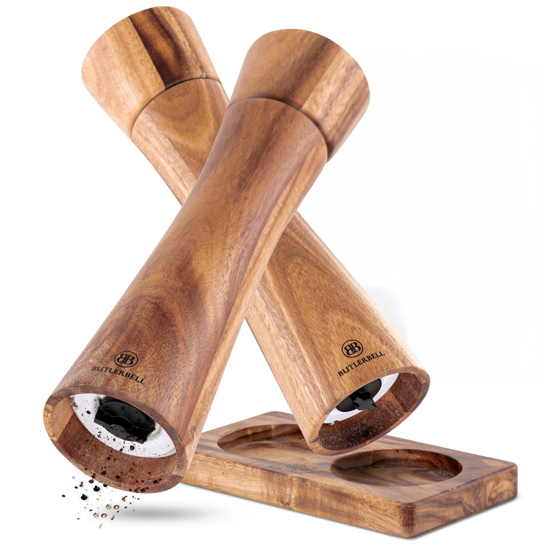 Salz und Pfeffermühle Holz inkl. Untersetzer | 2er Set Gewürzmühle mit verstellbarem Keramikmahlwerk