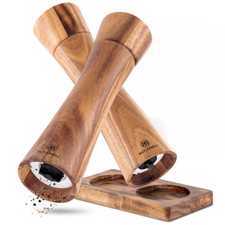 Salz und Pfeffermühle Holz inkl. Untersetzer | 2er Set Gewürzmühle mit verstellbarem Keramikmahlwerk