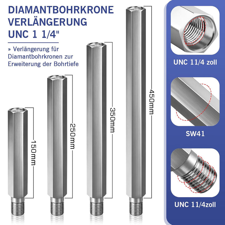 200mm Diamantbohrkrone Verlängerung aus Aluminiumlegierung, Robuste und Leicht | Anschluss 1 1/4'' U