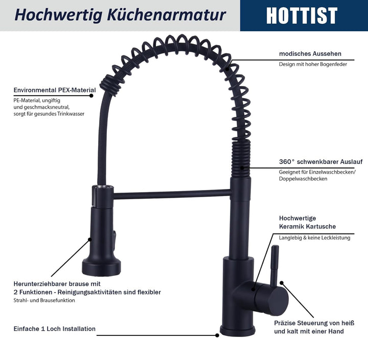 Wasserhahn Küche Schwarz, Hochdruck Küchenarmatur mit Brause Ausziehbar, Hoher Bogen Mischbatterie K